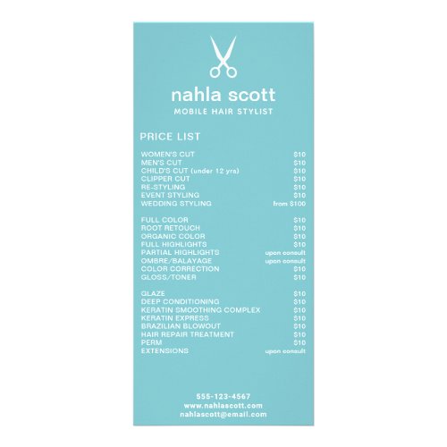 Mobile Hair Stylist Scissors Teal Price List Rack Card