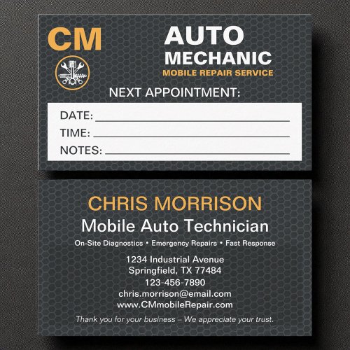Mobile Mechanic Auto Car Repair Appointment Card