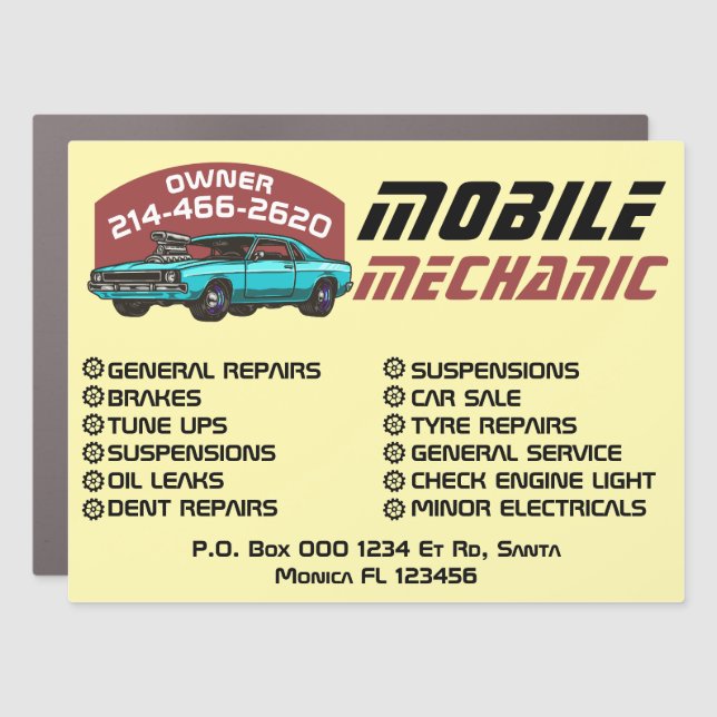 Mobile Mechanic Auto Repair Custom Yard Car Magnet (Front)