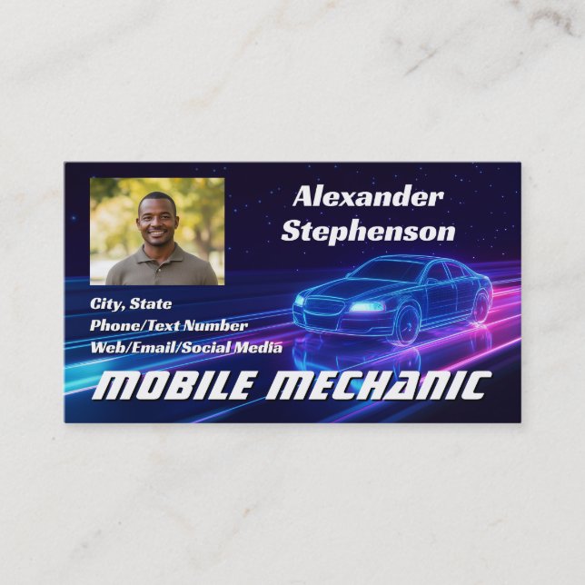 Mobile Mechanic Car Auto Repair Photo Purple Neon Business Card (Front)