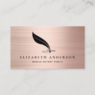 Mobile Notary Agent Quill Rose Gold Brushed Metal Business Card