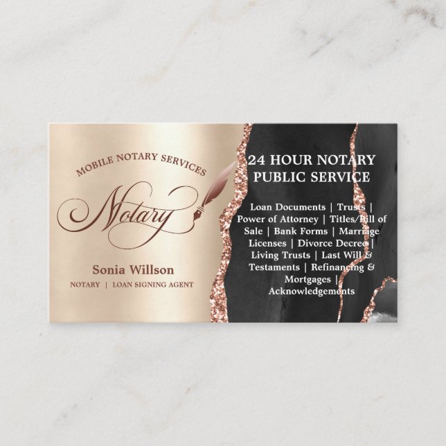 Mobile Notary and Loan Signing Agent Rose Gold Business Card (Front)