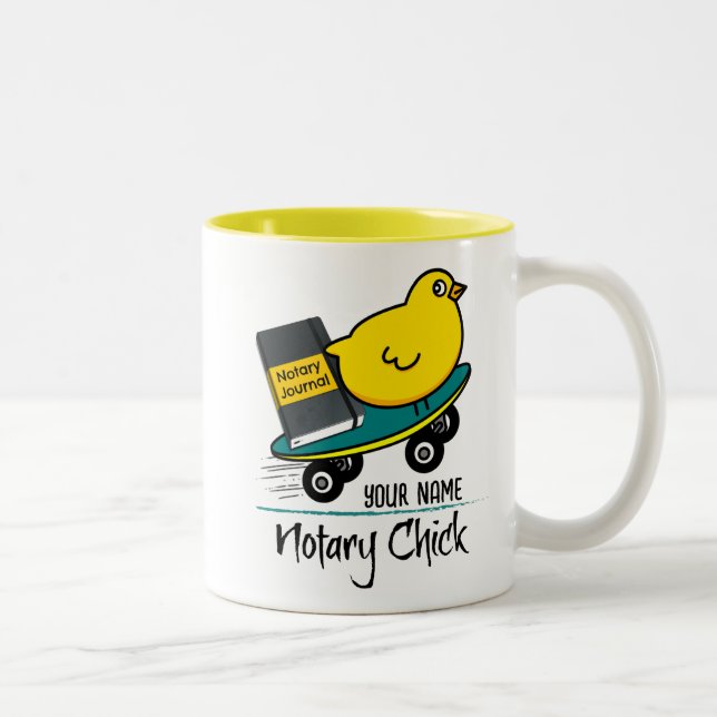 Mobile Notary Chick on Skateboard Customized Name Two-Tone Coffee Mug (Right)