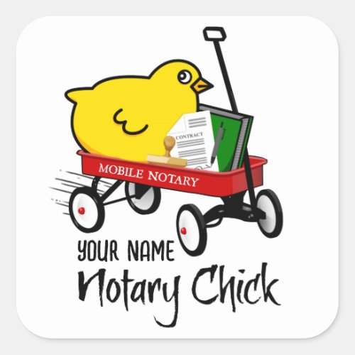 Mobile Notary Chick Red Wagon Customized Name Square Sticker