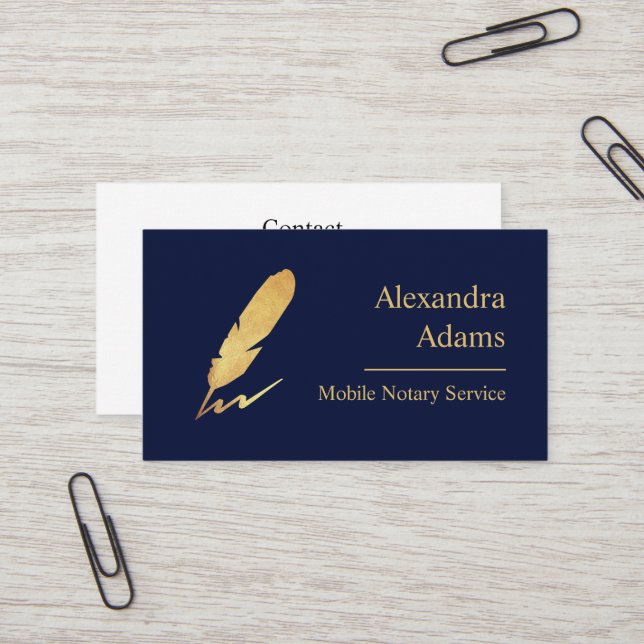 Mobile Notary Gold Feather Logo Indigo Business Card (Front/Back In Situ)