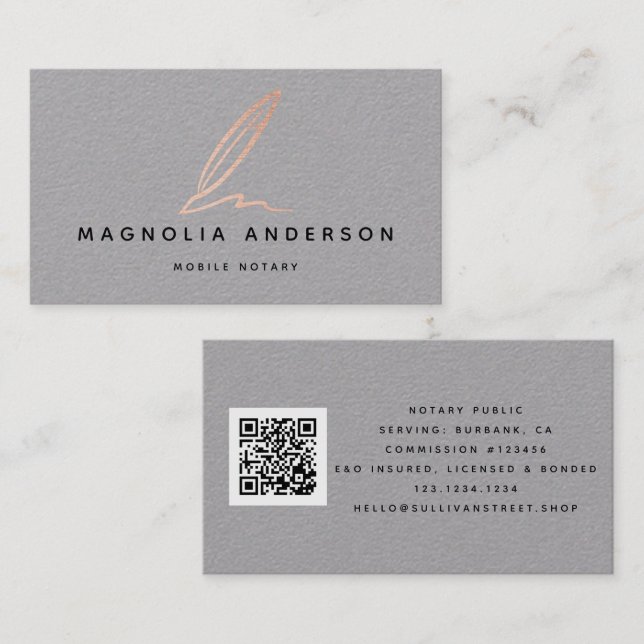 Mobile Notary Gray Gold Foil Quill QR Code  Business Card (Front/Back)