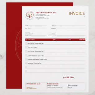 Mobile Notary Legal Signing Invoice Red Gold Letterhead