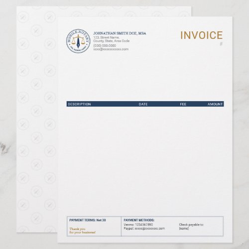 Mobile Notary Legal Signing Navy Gold Invoice Letterhead