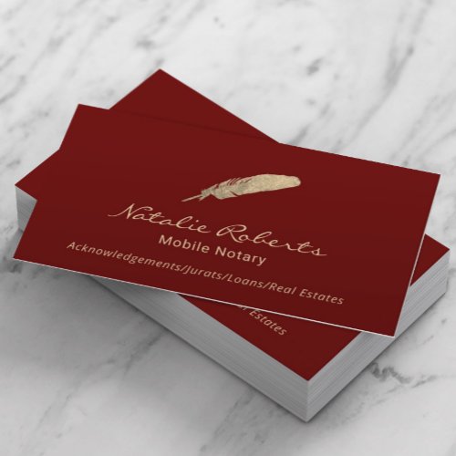 Mobile Notary Loan Signing Agent Gold Quill Red Business Card