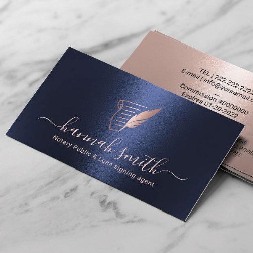 Mobile Notary Loan Signing Agent Navy  Rose Gold Business Card