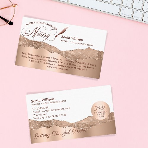 Mobile Notary  Loan Signing Agent Pink Agate Flye Business Card