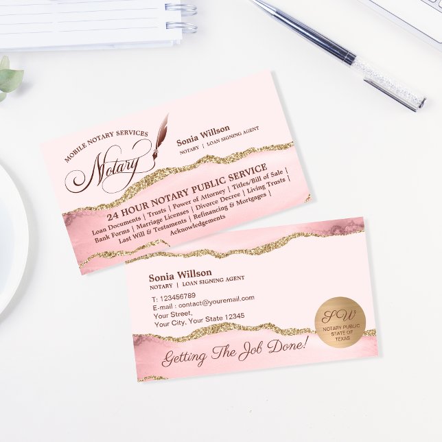 Mobile Notary & Loan Signing Agent Pink Agate Flye Business Card (Elegant and professional Notary logo design )