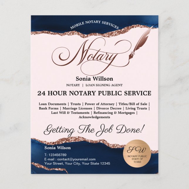 Mobile Notary & Loan Signing Agent Pink Agate Flye Flyer (Front)
