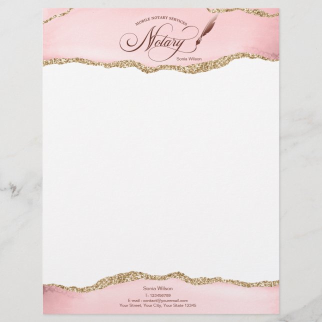 Mobile Notary & Loan Signing Agent Pink Agate Flye Letterhead (Front)