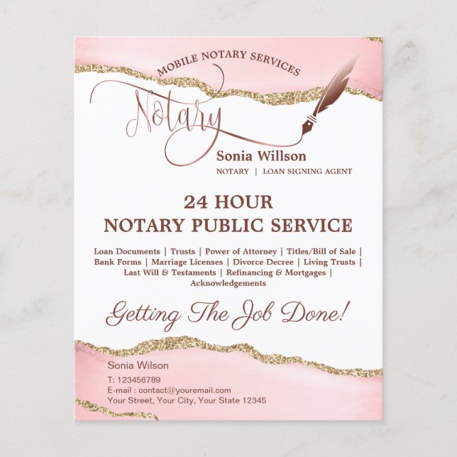 Mobile Notary & Loan Signing Agent Pink Agate Flyer (Front)