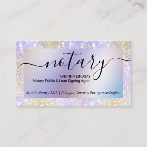 Mobile Notary Loan Signing Agent Purple Glitter Business Card