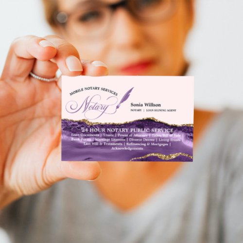 Mobile Notary  Loan Signing Agent Purple Gold Business Card