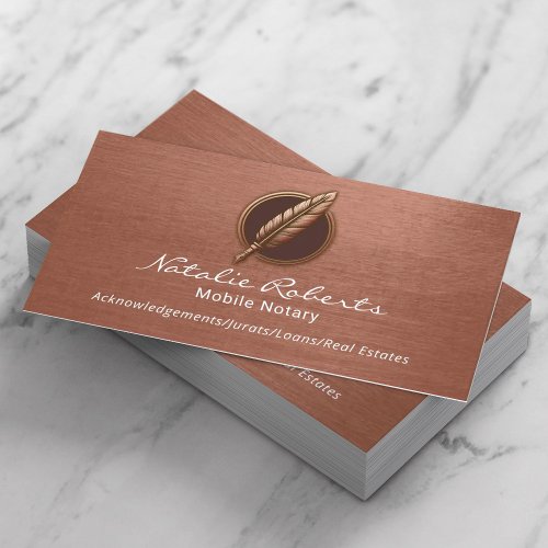 Mobile Notary Loan Signing Agent Quill Logo Copper Business Card