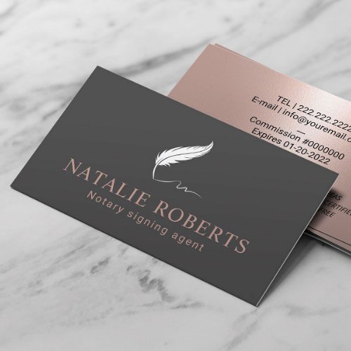 Mobile Notary Loan Signing Agent Quill Logo Gray Business Card