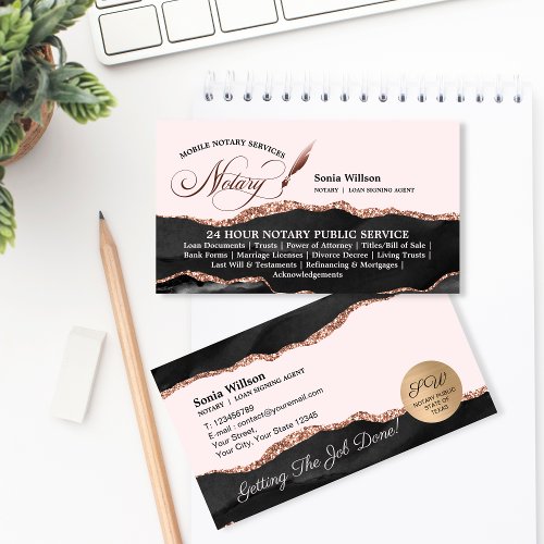Mobile Notary  Loan Signing Agent Rose Gold Business Card
