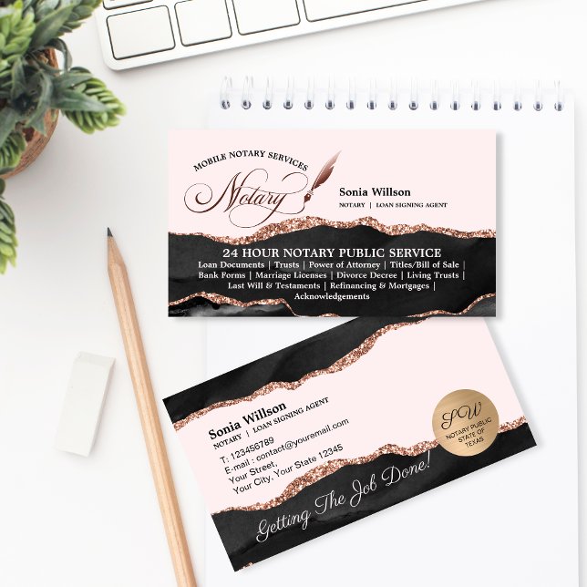 Mobile Notary & Loan Signing Agent Rose Gold Business Card (Elegant and professional Notary logo design with blush pink and rose gold details)