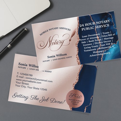 Mobile Notary Loan Signing Agent Rose Gold Navy Business Card