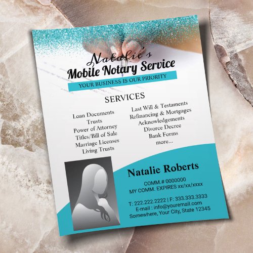 Mobile Notary Loan Signing Agent Turquoise Glitter Flyer