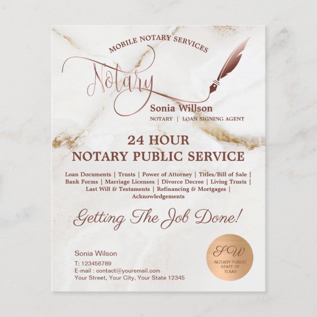 Mobile Notary & Loan Signing gold marble Flyer (Front)