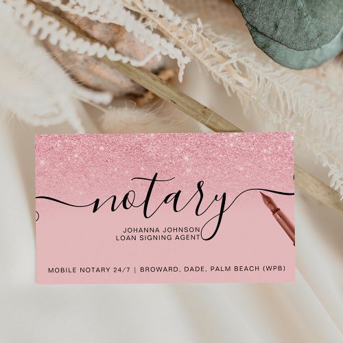Mobile Notary loan typography pink glitter Business Card