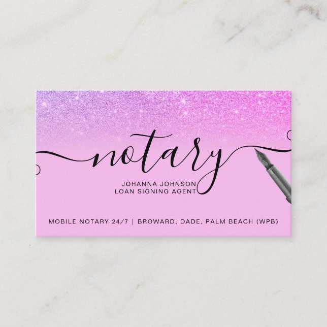 Mobile Notary loan typography purple glitter Business Card (Front)