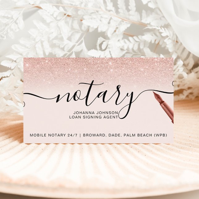 Mobile Notary loan typography rose gold glitter Business Card