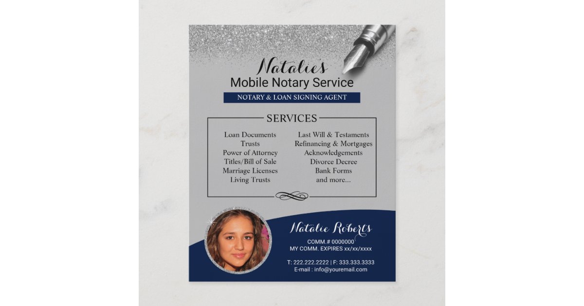 Mobile Notary Navy Blue & Silver Glitter Photo Flyer | Zazzle.com