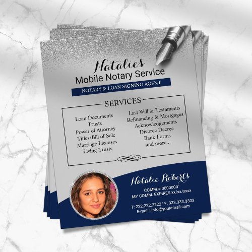 Mobile Notary Navy Blue  Silver Glitter Photo Flyer