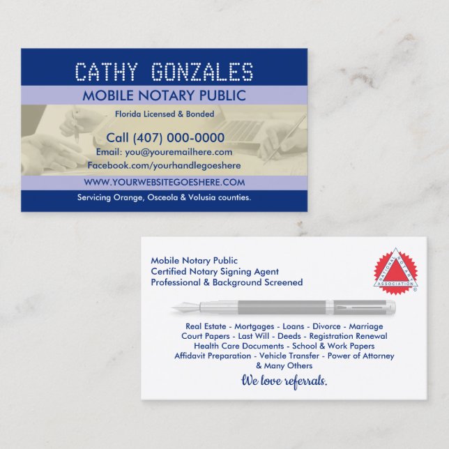 Mobile Notary Public Business Card (Front/Back)