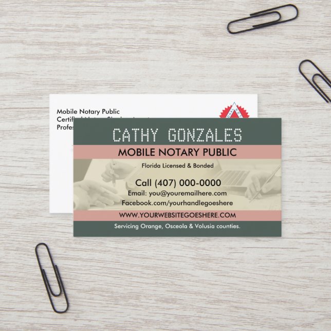 Mobile Notary Public Business Card (Front/Back In Situ)
