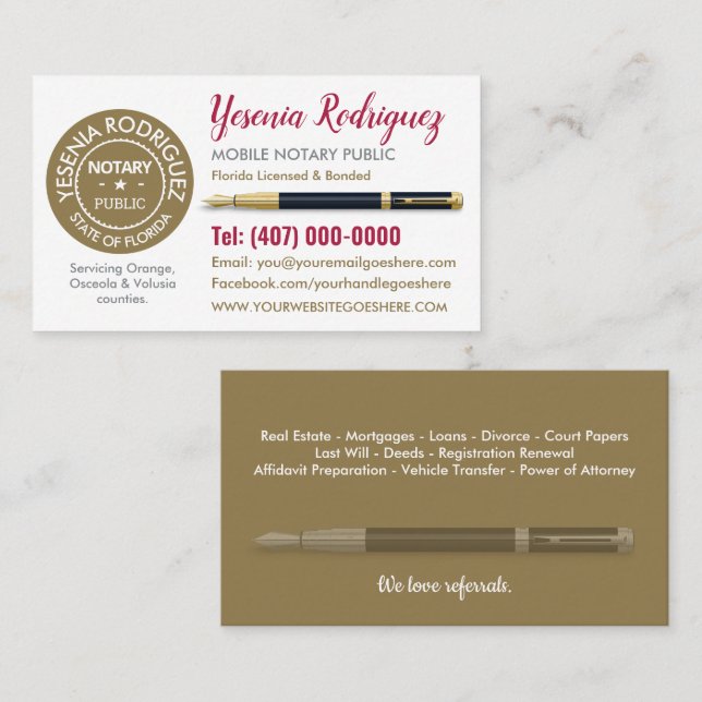 Mobile Notary Public Customizable Business Card (Front/Back)