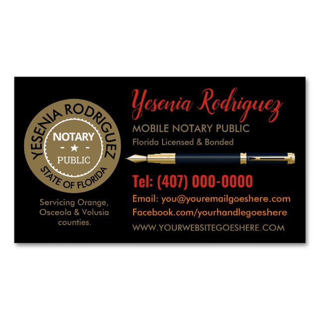 Mobile Notary Public Customizable Business Card (Front)