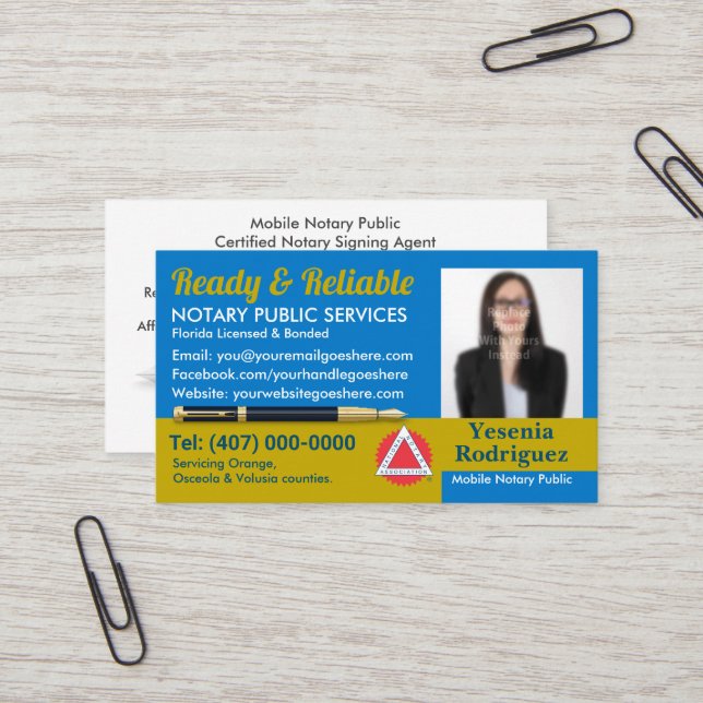 Mobile Notary Public Customizable Photo Business C Business Card (Front/Back In Situ)