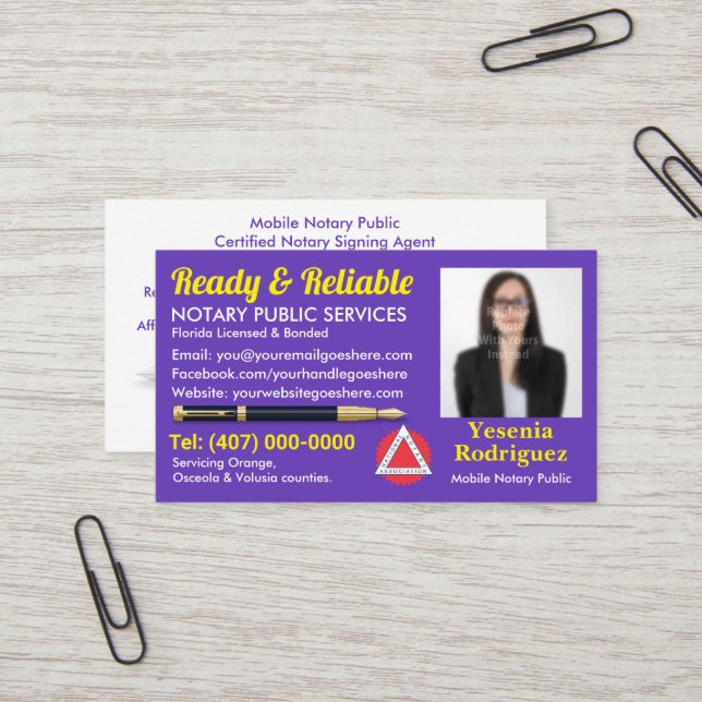 Mobile Notary Public Customizable Photo Business C Business Card (Front/Back In Situ)
