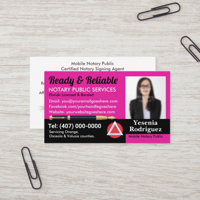 Mobile Notary Public Customizable Photo Business C Business Card (Front/Back In Situ)