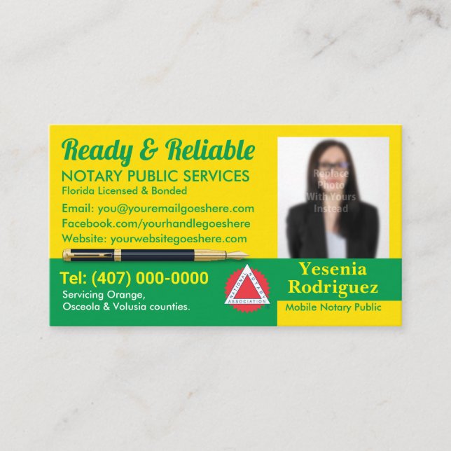 Mobile Notary Public Customizable Photo Business Card (Front)
