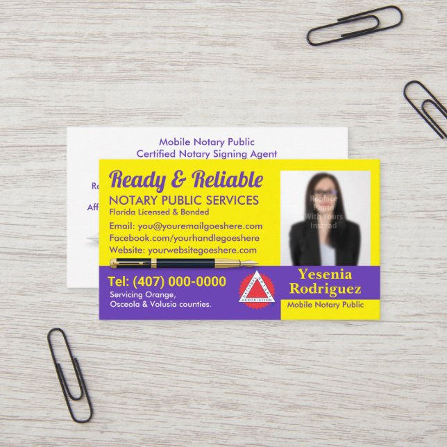 Mobile Notary Public Customizable Photo Business Card (Front/Back In Situ)