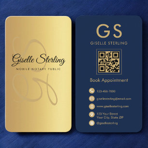 Mobile Notary Public Gold Navy Blue QR Code Business Card