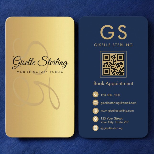 Mobile Notary Public Gold Navy Blue QR Code Business Card (Creator Uploaded)