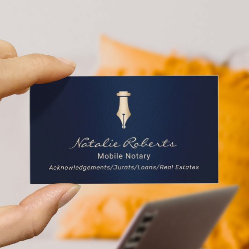 Mobile Notary Public Golden Signing Pen Navy Blue Business Card