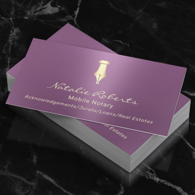 Mobile Notary Public Golden Signing Pen Purple Business Card (Creator Uploaded)