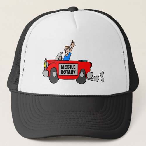 Mobile Notary Public Guy Driving Red Car Trucker Hat