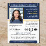 Mobile Notary Public Loan Signing Agent Blue Gold Flyer<br><div class="desc">Create a professional appearance with these classic 'Mobile Notary Service' business flyers. A stylish template personalized with your photo, name, details and logo or accreditation symbols. All the text and images can be customized or deleted so you can include the information you want. An effective way to promote your business...</div>