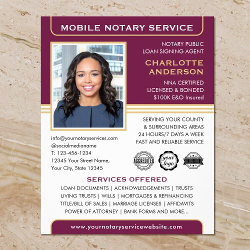 Mobile Notary Public Loan Signing Agent Plum Gold Flyer