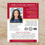 Mobile Notary Public Loan Signing Agent Red Gold Flyer<br><div class="desc">Professional Notary Public flyers with a profile photo, logo and accreditation symbols. This editable template is personalized with a name, credentials, area served, contact information and list of services. You can add your company logo and certification marks for branding. A classic blend of traditional and contemporary style, creating an elegant...</div>